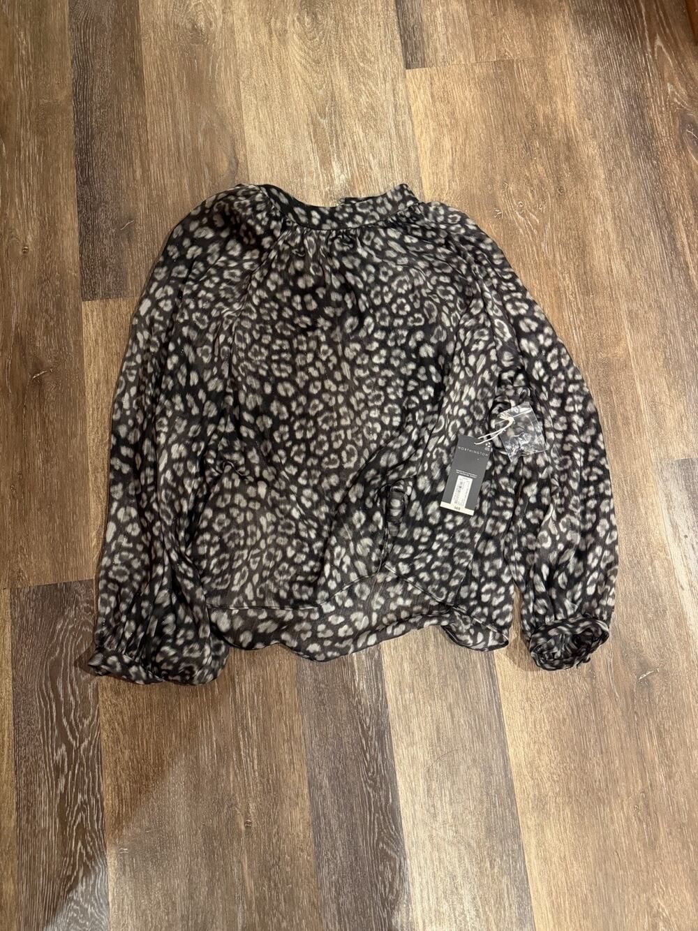 Worthington Women’s Petite PXL Black/Gray Animal Print Sheer Chiffon Blouse NWT